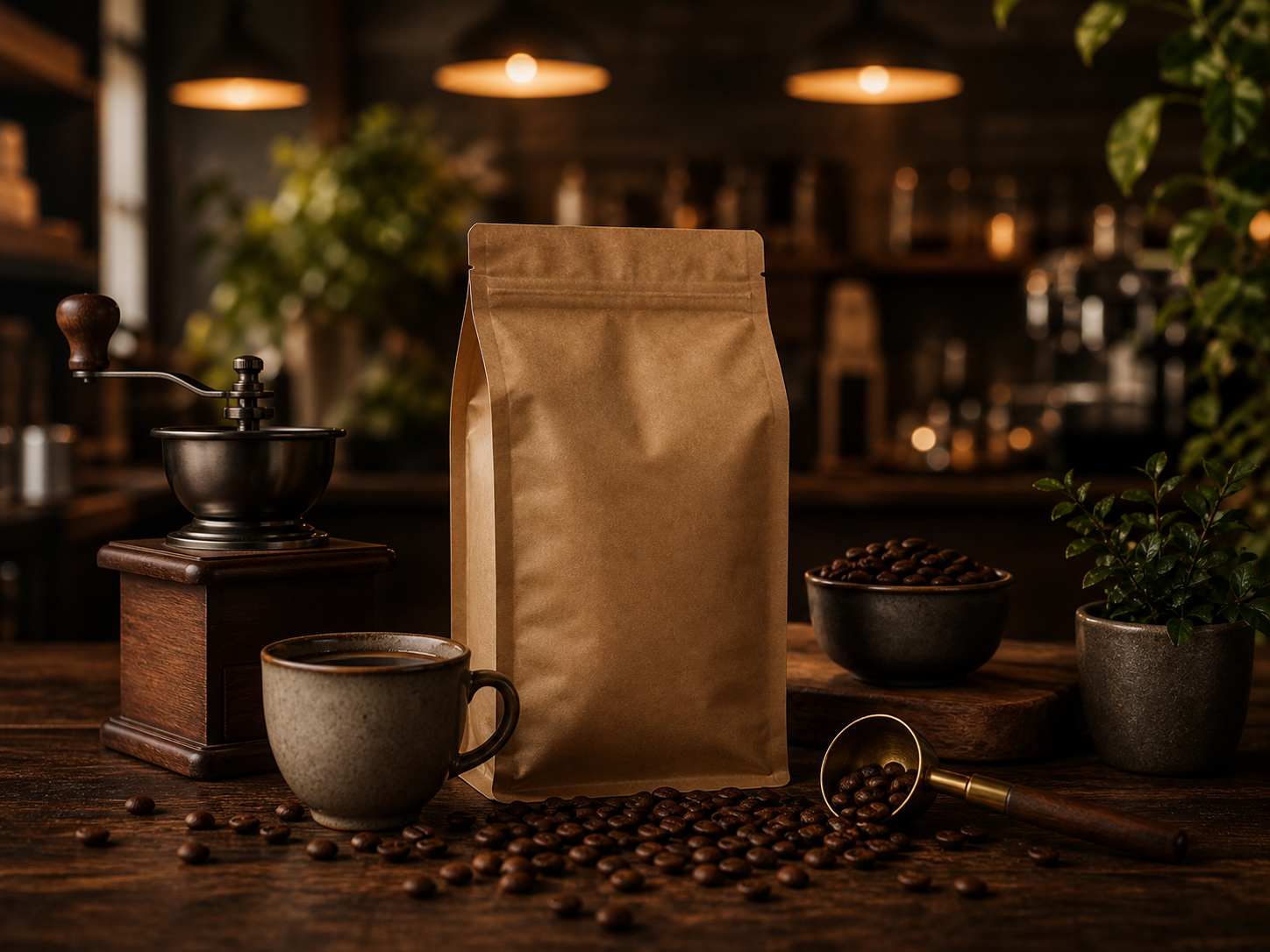 Sachet de café artisanal avec moulin, tasse et grains