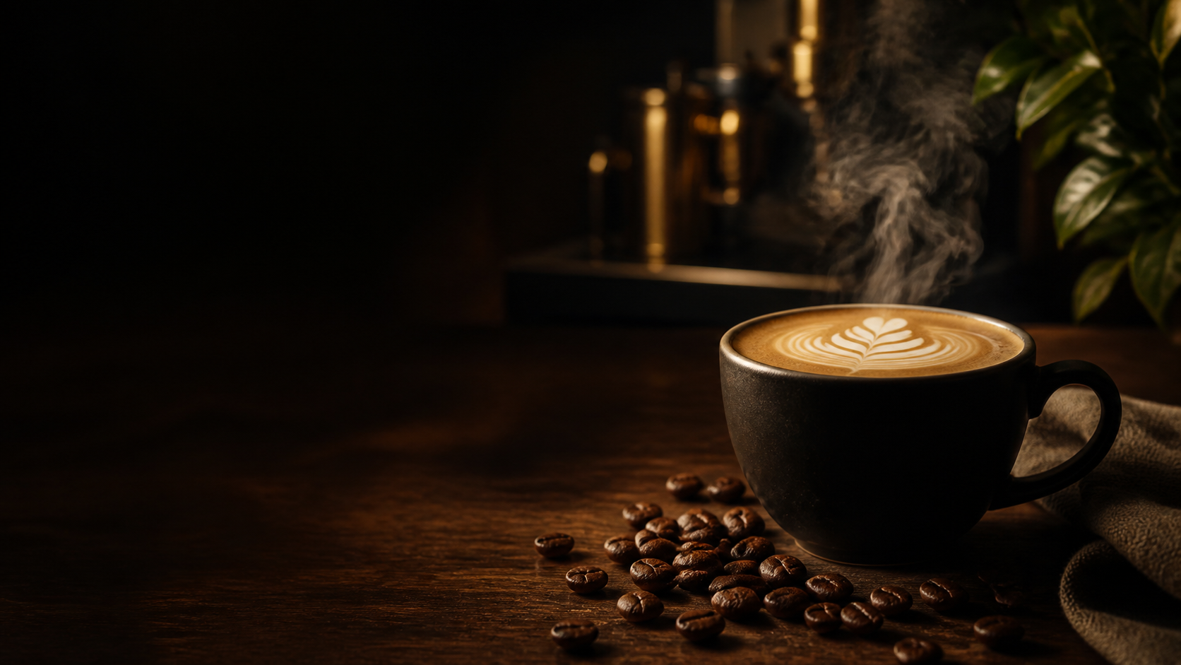 Cappuccino fumant sur un comptoir sombre avec grains de café